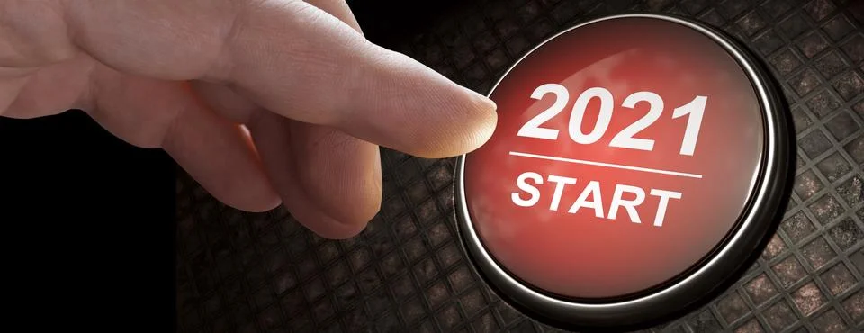 2021 - Press the start button. Concept of the New Year. 3D illustration Stock Photos