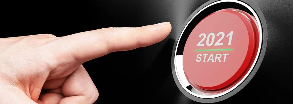 2021 - Press the start button. Concept of the New Year. 3D illustration Stock Photos