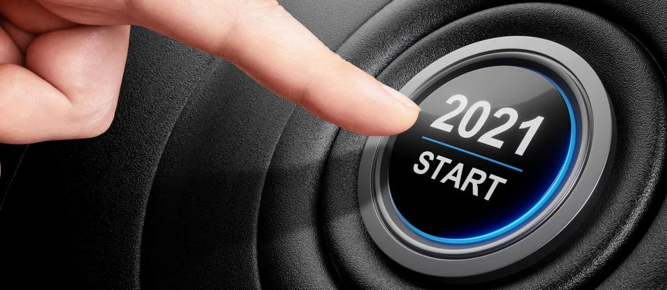 2021 - Press the start button. Concept of the New Year. 3D illustration Stock Photos