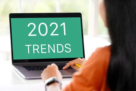 2021 trends on laptop computer screen background, business plan and technolog Stock Photos
