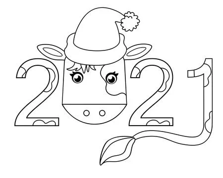 2021 - year of the bull - vector linear illustration for coloring. Outline. Illustrazione stock