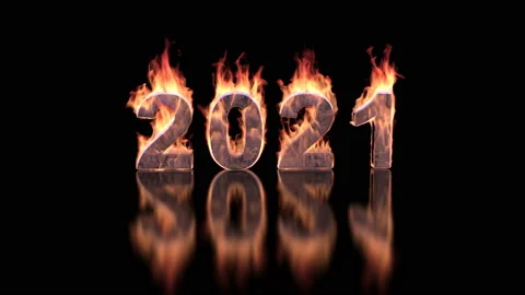 2021 year text burning in fire on glossy surface – 3d animation Stock Footage 145712331