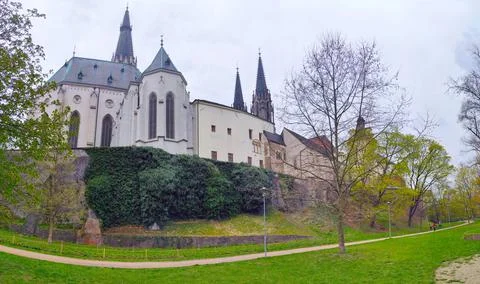 2022-04-20 panoramic view of park under Saint Wenceslas Cathedral with Olomouc Stock Photos