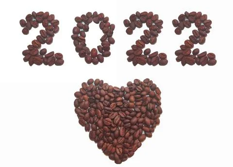 2022 and a heart made of coffee beans on a white background. Happy New Year Stock Photos
