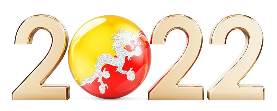 2022 with Bhutanese flag, 3D rendering Stock Illustration