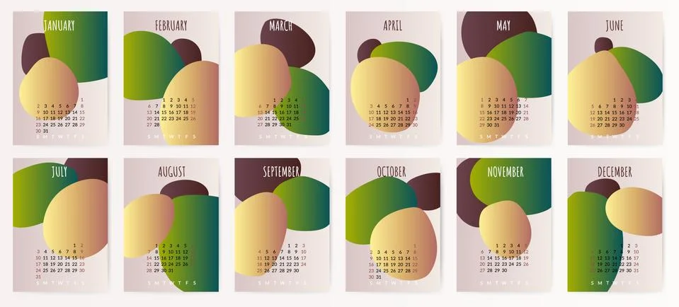 2022 calendar template with abstract gradient shape. Simple earth color backg Stock Illustration
