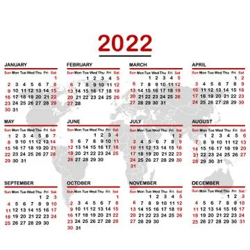 2022 calendar with world map Stock Illustration