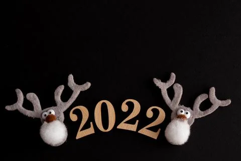 2022, christmas composition on a black background, funny gray deer, copy space Stock Photos