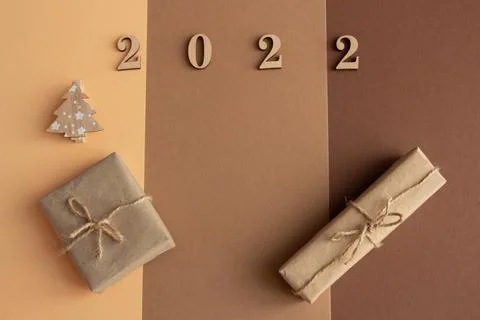2022, christmas composition on a brown background, copy space Stock Photos
