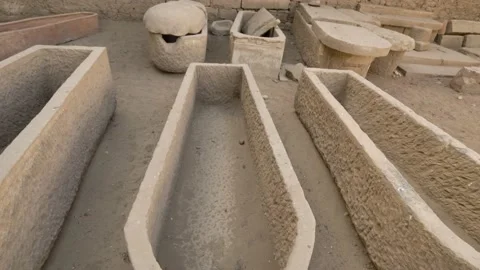 2022 - Excellent aerial view of empty tombs at Egypt's Temple of Kom Ombo. Stock Footage 232799289