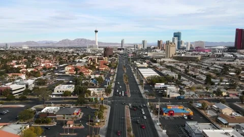 2022 - Excellent aerial view pulling back from the strip in Las Vegas, Nevada. Stock Footage 170493182