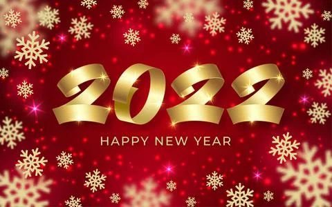 2022 happy new year background red gold text snow Stock Illustration