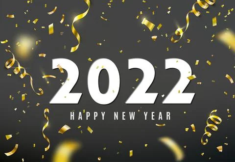2022 Happy New Year vector background with golden serpentine ribbons, confetti Stock Illustration