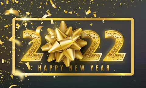 2022 Happy New Year vector background with golden gift bow, confetti, shiny Stock Illustration