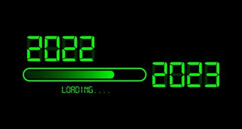 2022 with loading to up 2023 Happy new year. Green led neon digital time style. Stock Illustration
