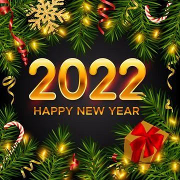 2022 New Year background with pine branches, garlands, gifts box, serpentine Stock Illustration