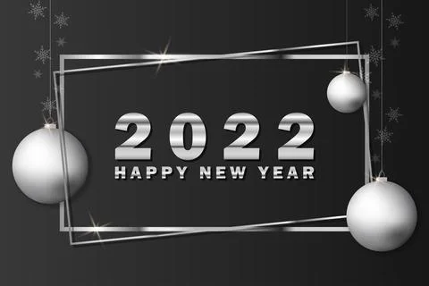 2022 New Year background with silver christmas balls, snowflakes and frame Stock Illustration