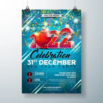 2022 New Year Party Celebration Poster Template illustration with 3d Number and Illustrazione stock