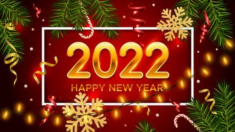 2022 New Years background with pine branches, candy, gold snowflakes, tinsel Illustrazione stock