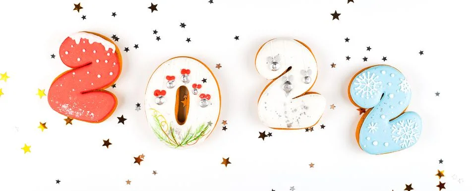 2022 set of gingerbread biscuits in shape of numbers of new year on white Stock Photos