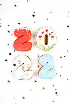 2022 set of gingerbread biscuits in shape of numbers of new year on white Stock Photos
