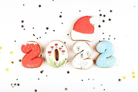 2022 set of gingerbread biscuits in shape of numbers of new year on white Stock Photos