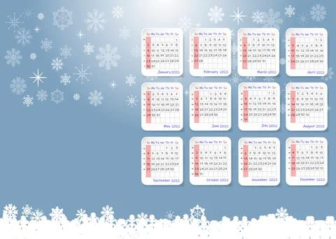 2022 table calendar in a snowy winter landscape Stock Illustration