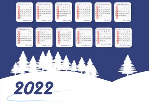 2022 table calendar with winter landscape and tress Stock Illustration