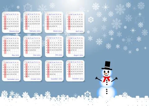 2022 table calendar with winter landscape and snowman Stock Illustration