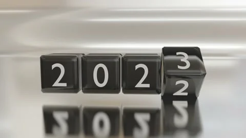 2022 transiting to 2023 with rotating camera, 3D blocks animation. Video stock 227295652