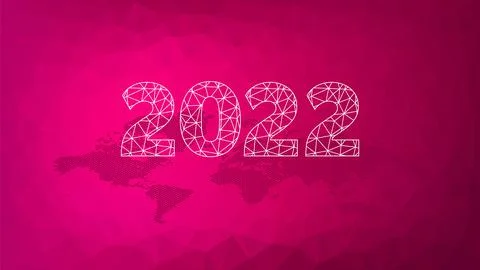 2022 triangle sign with world map. Magenta gradient low poly pattern Stock Illustration
