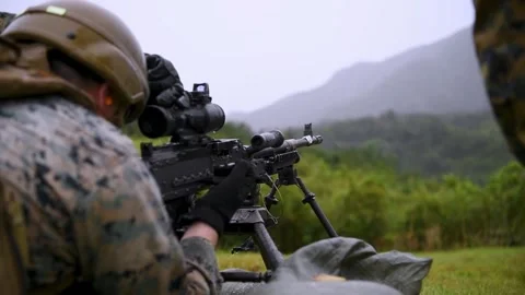 2022 U.S. Marine Wing Support Squadron (MWSS) 171 M240B machine gun live fire Stock Footage 232803743