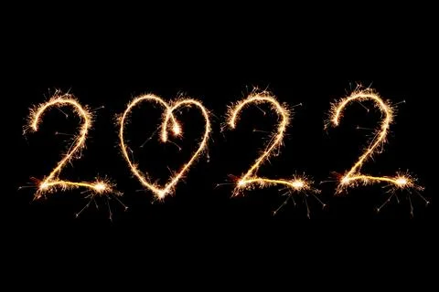 2022 written with Sparkle firework on black background, happy new year Stock Illustration