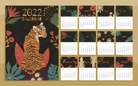 2022 year calendar concept with  hand drawn illustrations Stock Illustration