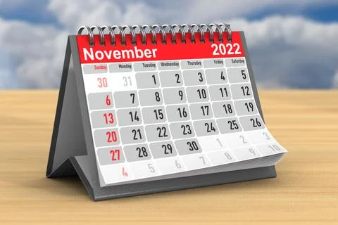 2022 year. Calendar for November. 3D illustration 스톡 일러스트