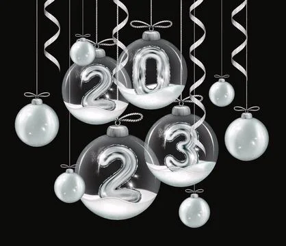 2023 3d Realistic silver, Foil Balloons on black background with Christmas ball Stock Illustration
