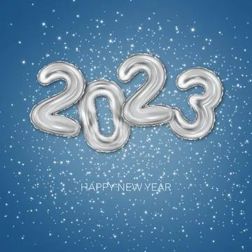 2023 3d Realistic Silver Foil Balloons. 3d rendering Merry Christmas and Happy Stock Illustration