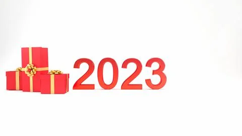 2023 3D text with red gift boxes and gold ribbons, happy new year background Illustrazione stock