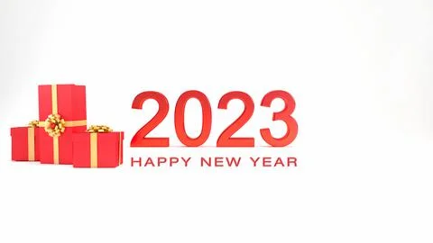 2023 3D text with red gift boxes and gold ribbons, happy new year background Stock Illustration