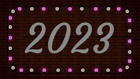 2023 blinking on brick wall and bulbs in loop animation. Stock Footage 220023693