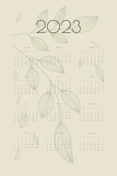 2023 calendar with hand drawn leafs and branchs, planner organizer template i Stock Illustration