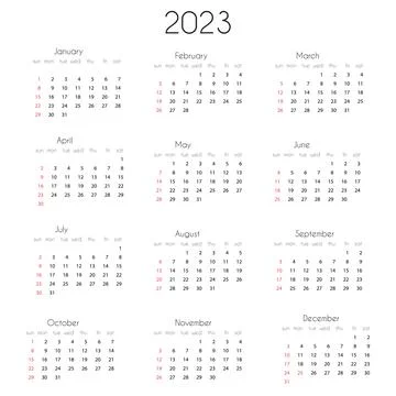 2023 Calendar year template. Vector illustration of annual calendar 2023, 12 Stock Illustration