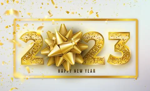 2023 Happy New Year vector background with golden gift bow, confetti, shiny Stock Illustration