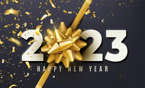 2023 Happy New Year vector background with golden gift bow, confetti, white Stock Illustration