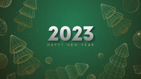 2023 Happy New Year vector holiday on green background with glitter gold co.. Stock Illustration