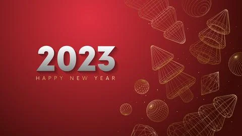 2023 Happy New Year vector holiday on red background with glitter gold conf.. Stock Illustration
