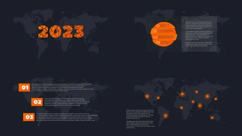 2023 icon with world map. 3, 4 steps business plan. Vector background for web Stock Illustration