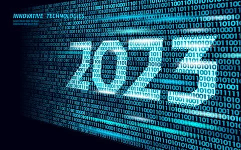2023 New Year 3D on binary code program. Blue coding screen number illustration Stock Illustration