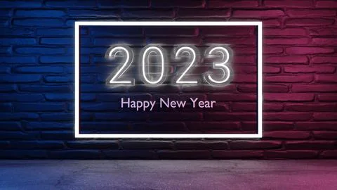 2023 new year background in 3d render street wall, glowing 2023 in club Illustrazione stock