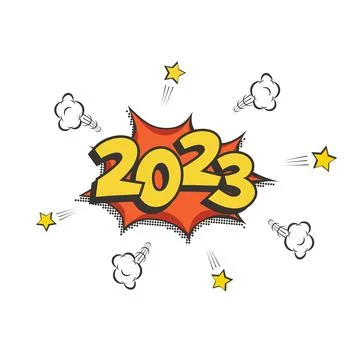 2023 New Year comic book style postcard or greeting card element. Vector winter Stock Illustration